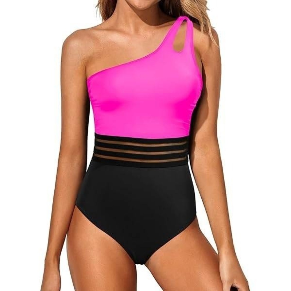 Holipick One Piece Swimsuit Neon Pink Black‎ One Shoulder Mesh Cutout Large NWT